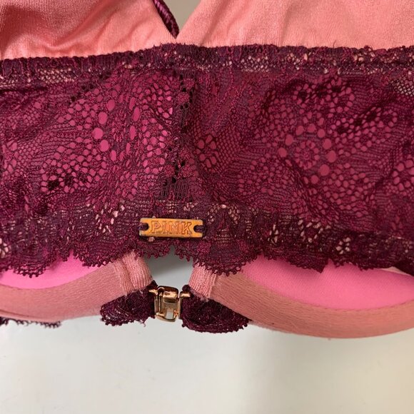 PINK Date Push-up  Burgundy Lace Front Close Underwire Bra Size 32DD - Picture 6 of 8